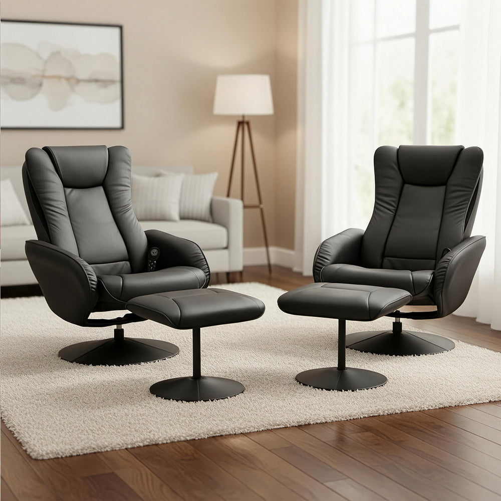 Artiss 2X Recliner Chair Ottoman Heated Massage Black RECLINER-A14-PU-BKX2