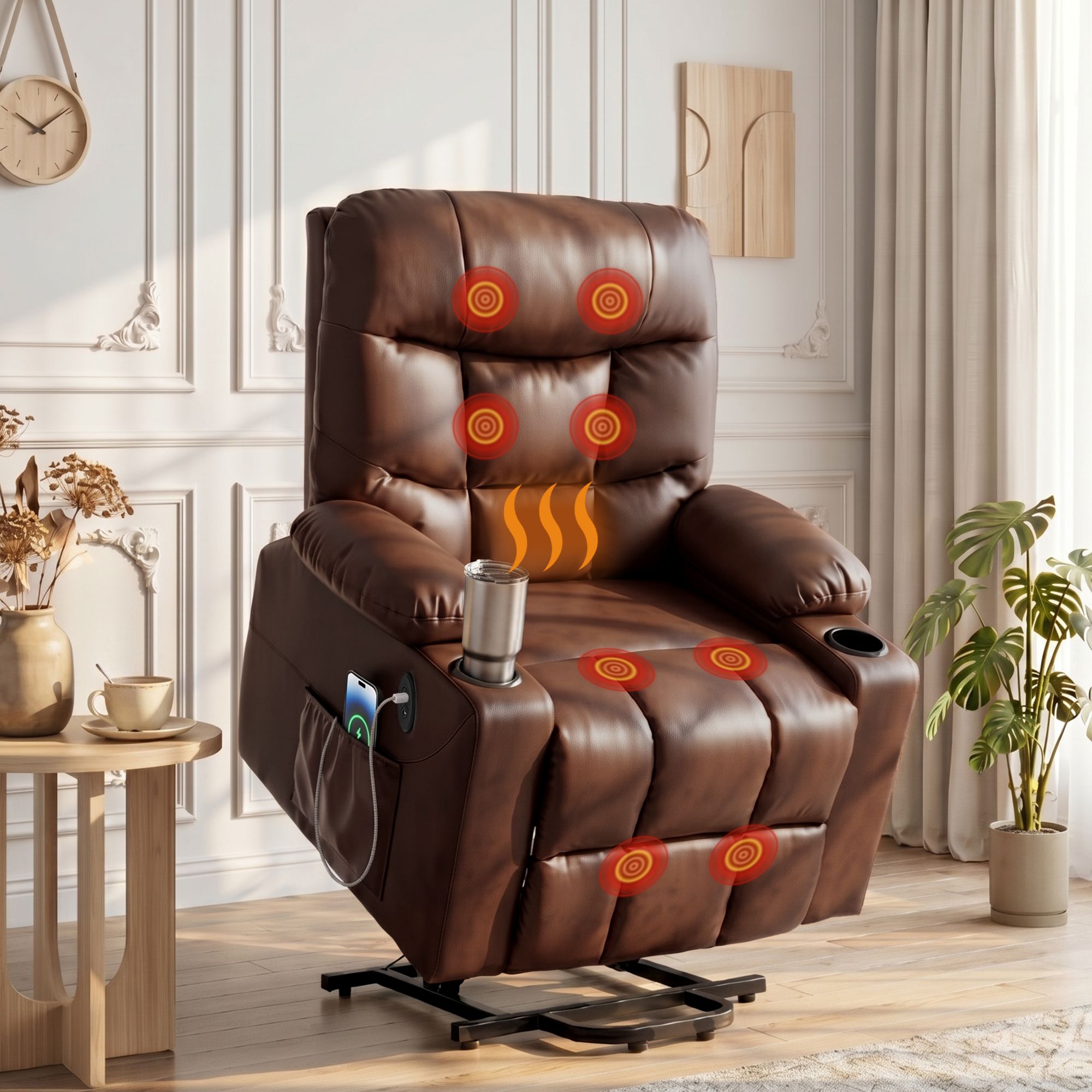 Artiss Recliner Chair Lift Assist Heated Massage Chair Leather Claude RECLINER-A16-PU-BR
