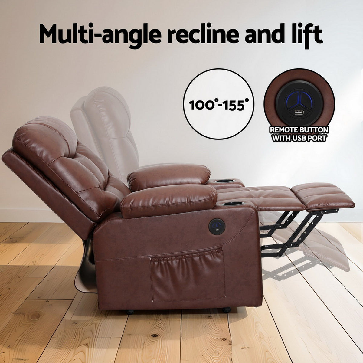 Artiss Recliner Chair Lift Assist Heated Massage Chair Leather Claude RECLINER-A16-PU-BR