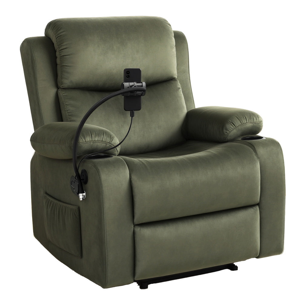 Artiss Recliner Chair Heated Massage Chair with Phone Holder Velvet RECLINER-A18-VEL-GN