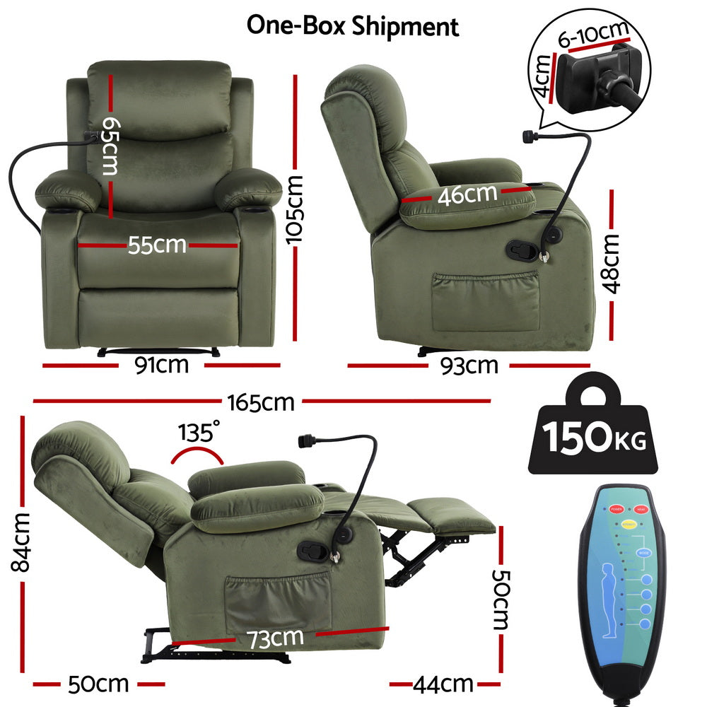 Artiss Recliner Chair Heated Massage Chair with Phone Holder Velvet RECLINER-A18-VEL-GN