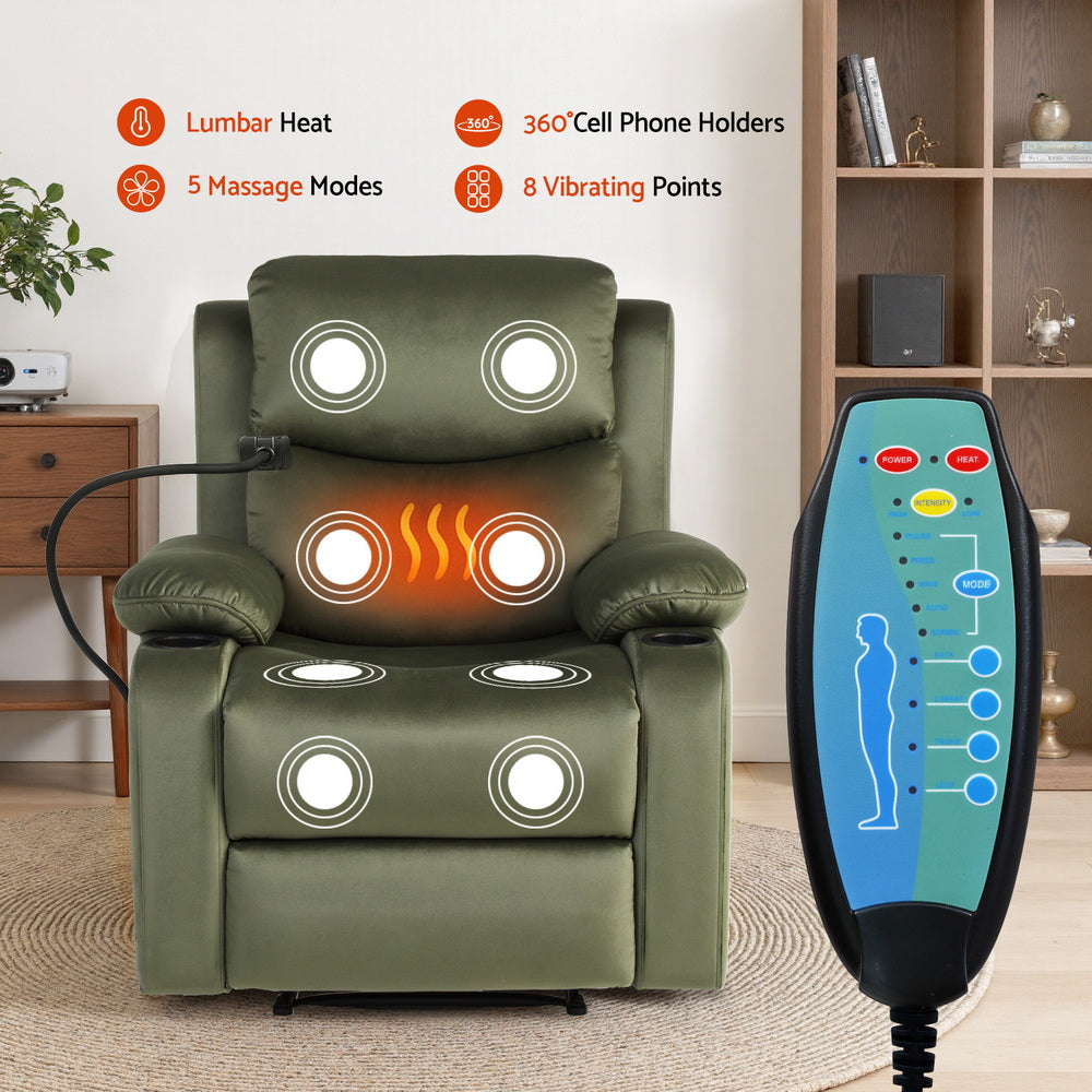 Artiss Recliner Chair Heated Massage Chair with Phone Holder Velvet RECLINER-A18-VEL-GN