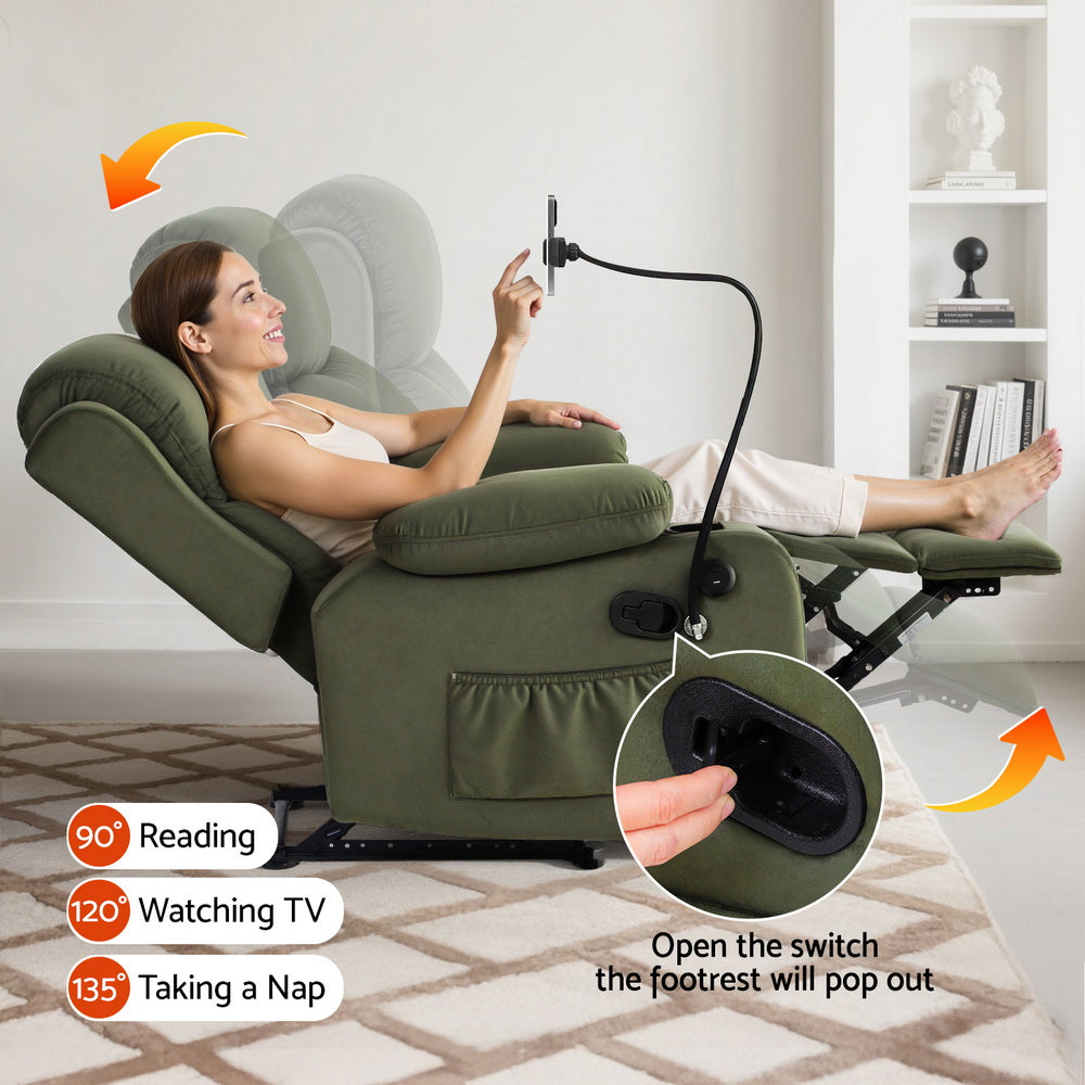 Artiss Recliner Chair Heated Massage Chair with Phone Holder Velvet RECLINER-A18-VEL-GN