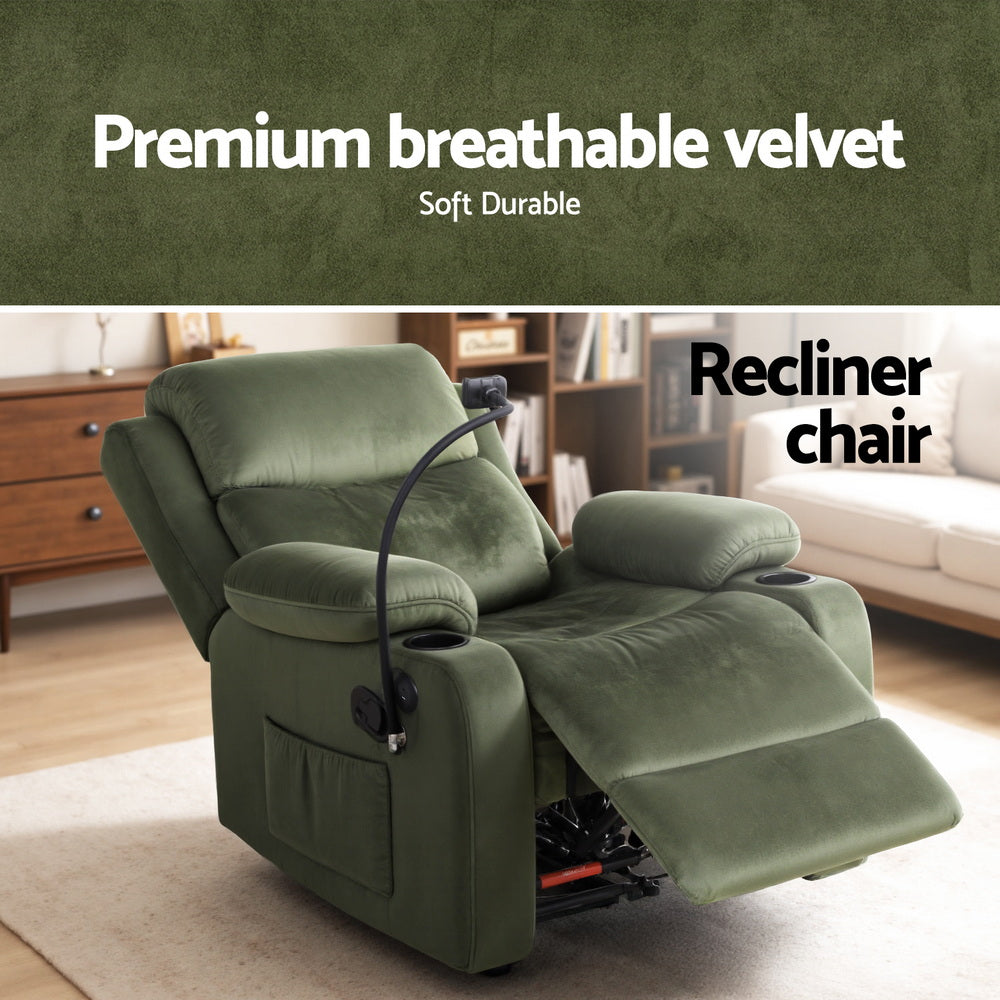 Artiss Recliner Chair Heated Massage Chair with Phone Holder Velvet RECLINER-A18-VEL-GN