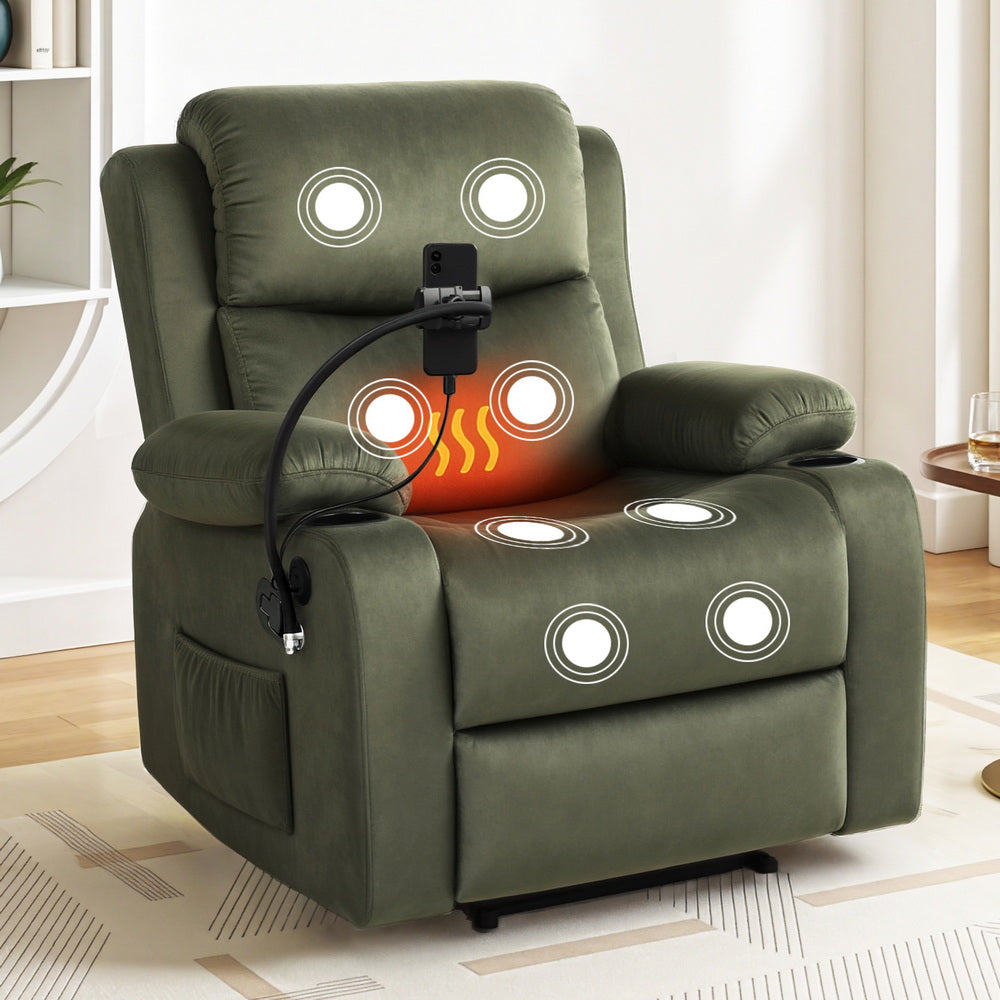 Artiss Recliner Chair Heated Massage Chair with Phone Holder Velvet RECLINER-A18-VEL-GN