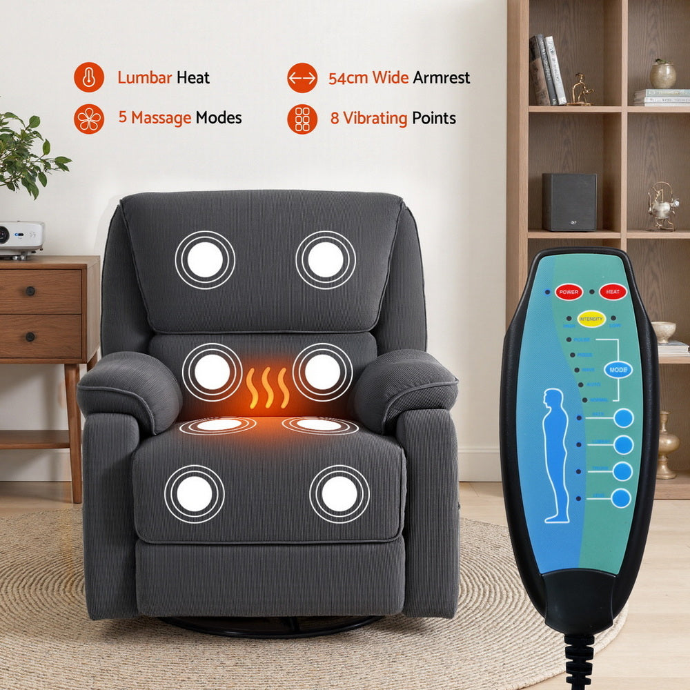 Artiss Rocking Recliner Chair 360 Swivel Massage Heated Reclining Chairs RECLINER-A19-COR-GY