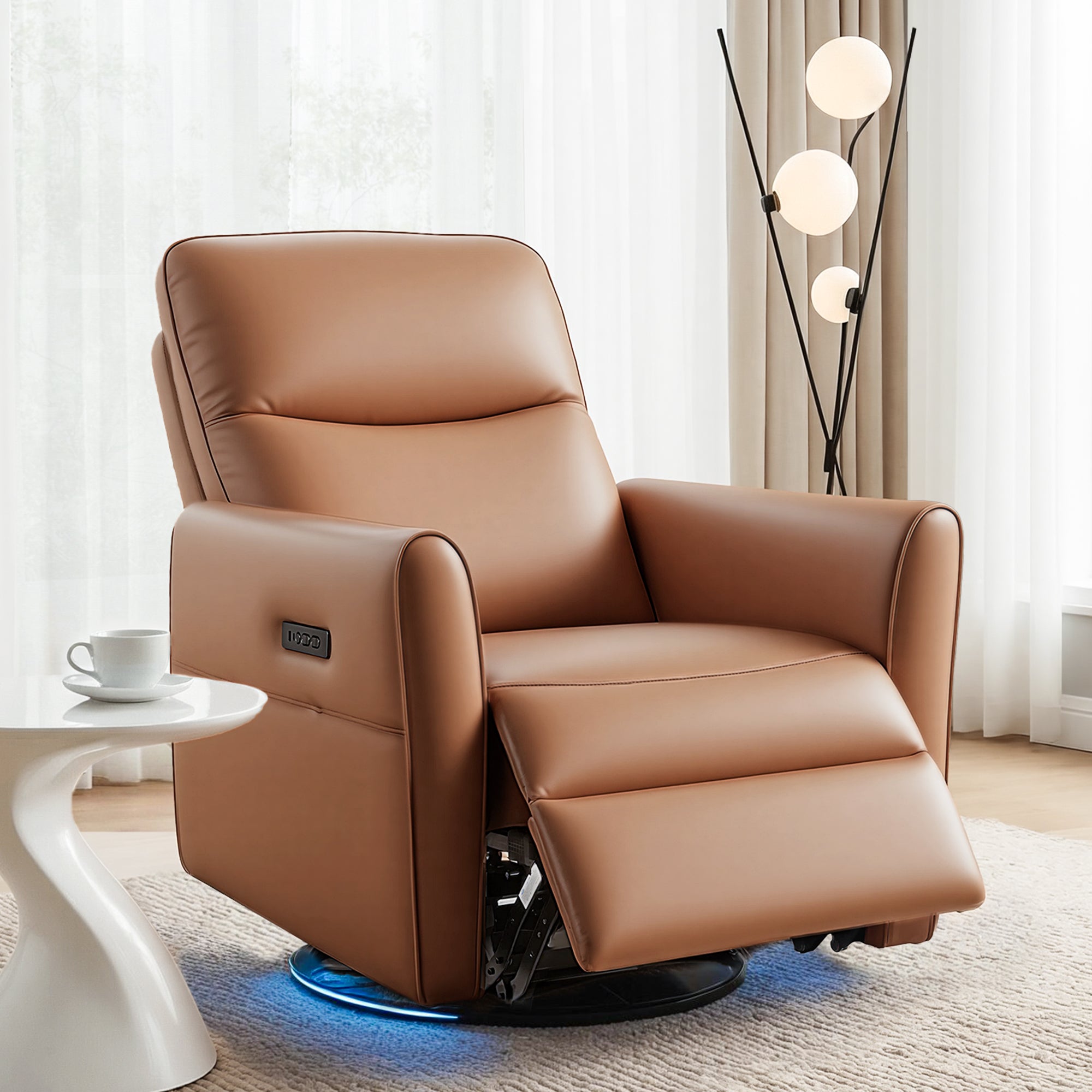 Artiss Swivel Recliner Chair PU Leather Rocking Reclining Sofa with Charging Ports LED Brown RECLINER-A21-LED-PU-BR