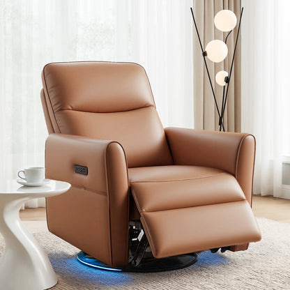 Artiss Swivel Recliner Chair PU Leather Rocking Reclining Sofa with Charging Ports LED Brown RECLINER-A21-LED-PU-BR