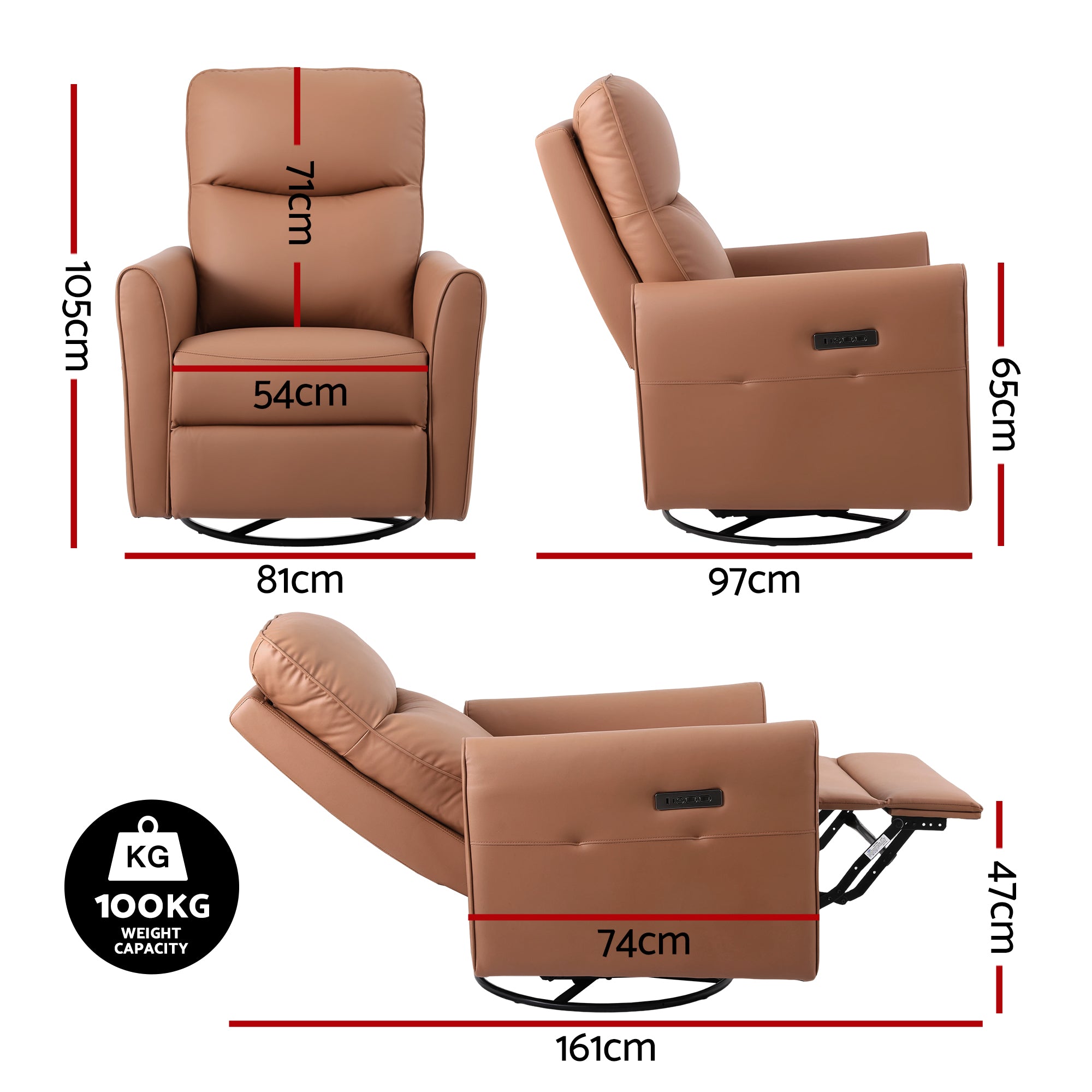 Artiss Swivel Recliner Chair PU Leather Rocking Reclining Sofa with Charging Ports LED Brown RECLINER-A21-LED-PU-BR