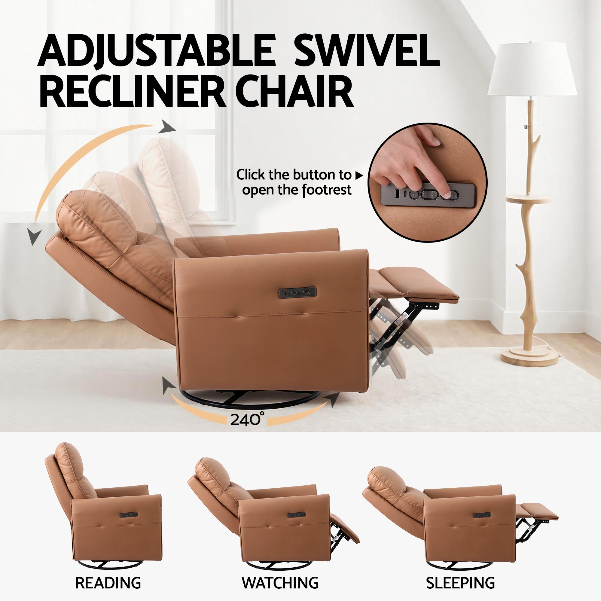 Artiss Swivel Recliner Chair PU Leather Rocking Reclining Sofa with Charging Ports LED Brown RECLINER-A21-LED-PU-BR