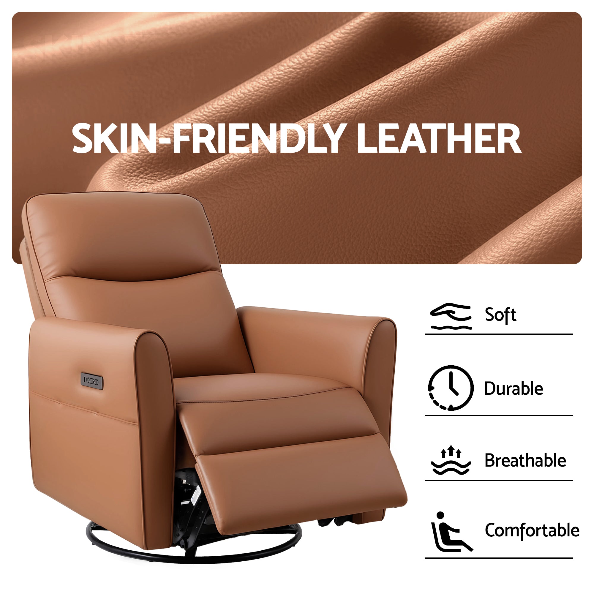 Artiss Swivel Recliner Chair PU Leather Rocking Reclining Sofa with Charging Ports LED Brown RECLINER-A21-LED-PU-BR