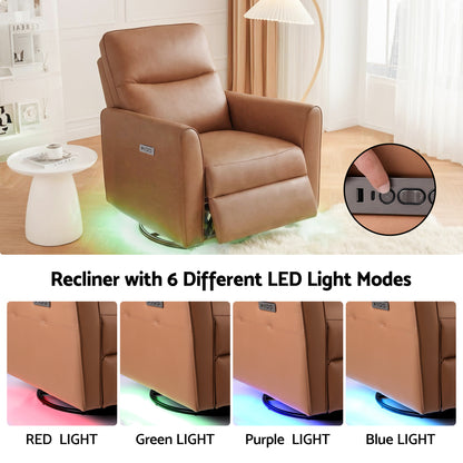 Artiss Swivel Recliner Chair PU Leather Rocking Reclining Sofa with Charging Ports LED Brown RECLINER-A21-LED-PU-BR