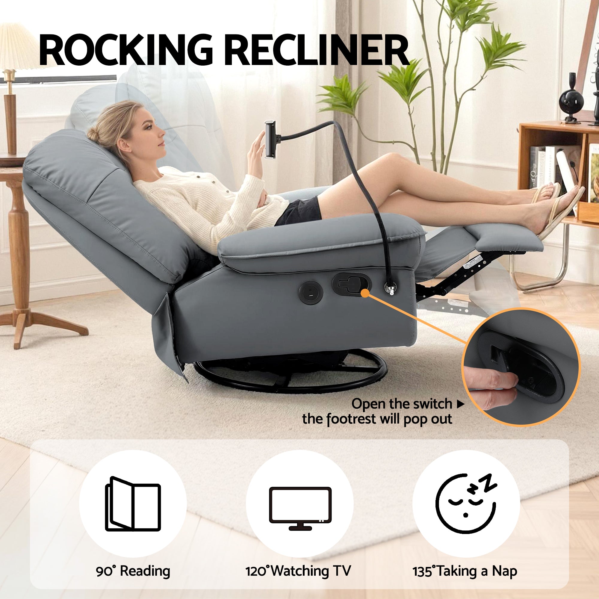 Artiss Manual Swivel Rocker Recliner with USB Ports Rocking Chair Nursery Sofa Lounge RECLINER-A22-PU-GY