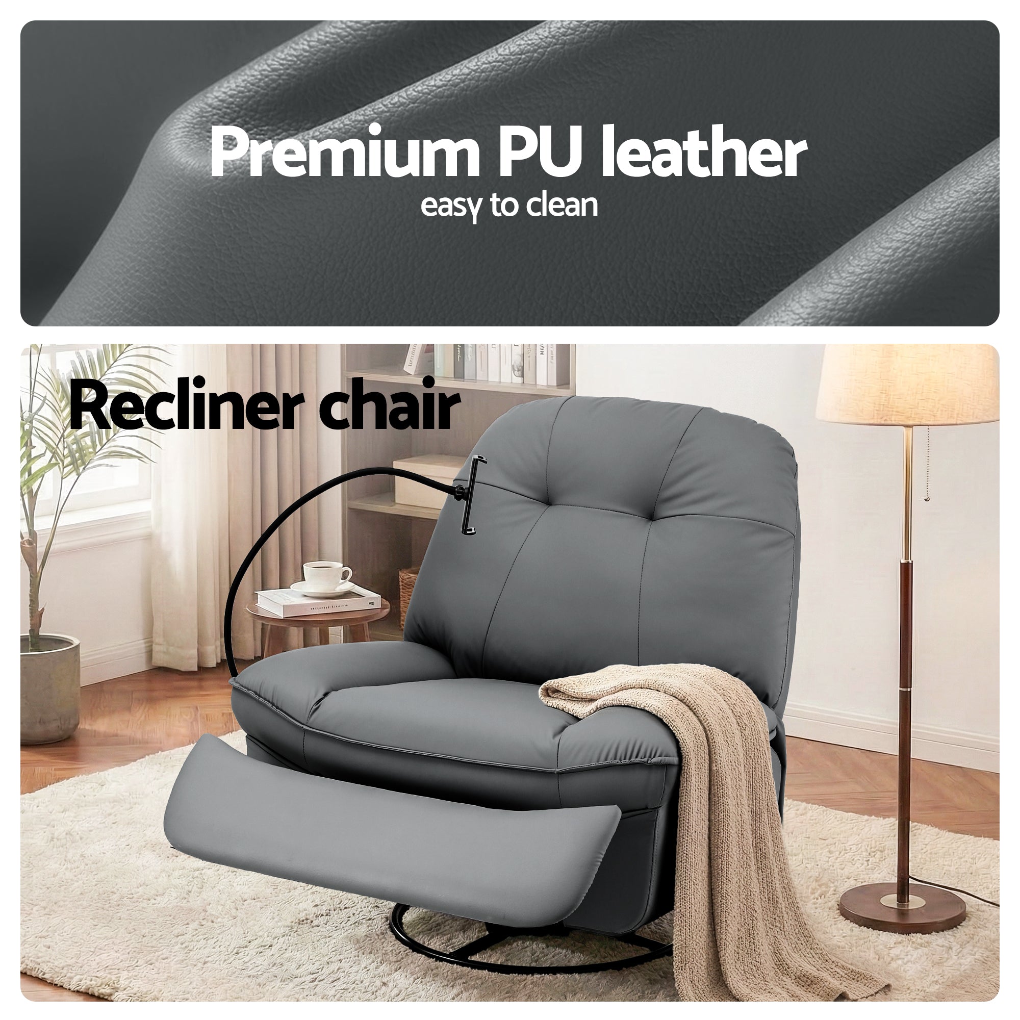 Artiss Manual Swivel Rocker Recliner with USB Ports Rocking Chair Nursery Sofa Lounge RECLINER-A22-PU-GY