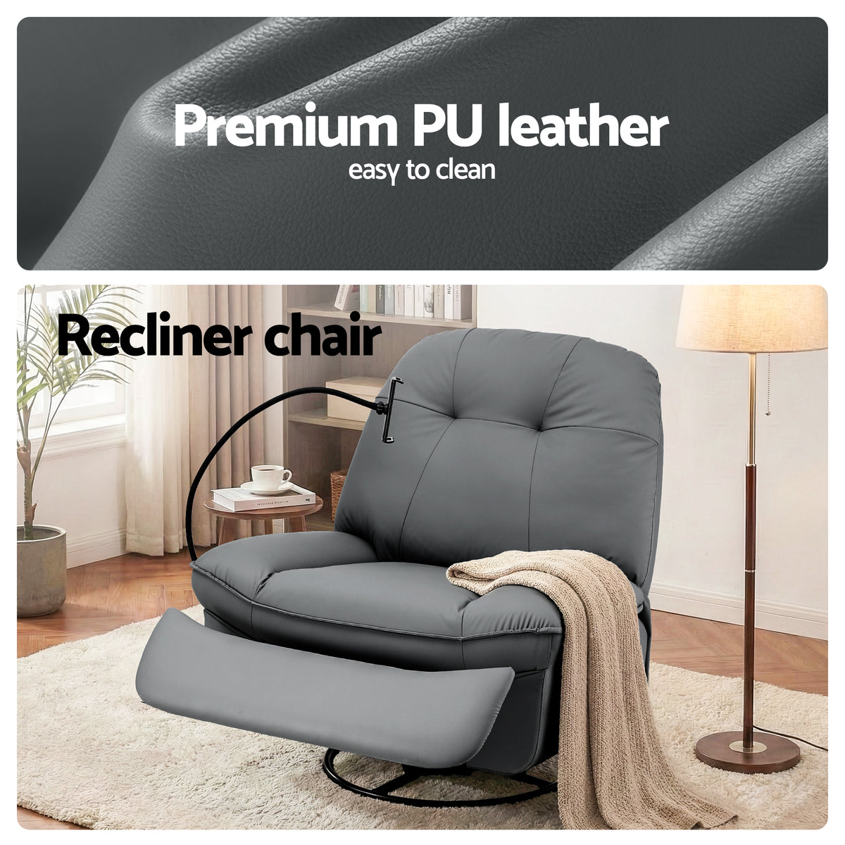 Artiss Manual Swivel Rocker Recliner with USB Ports Rocking Chair Nursery Sofa Lounge RECLINER-A22-PU-GY