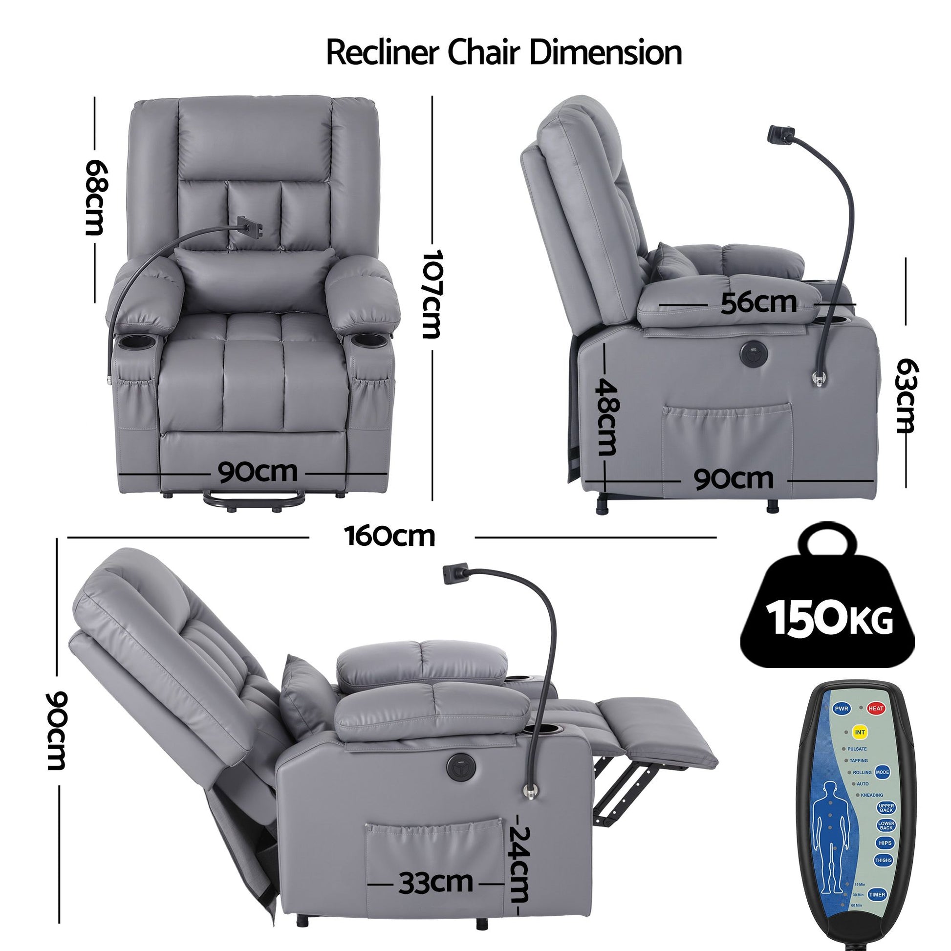Artiss Power Lift Recliner Chair with Massage and Heat for Elderly, Electric Sofa Reclining Chair with USB RECLINER-A23-PU-GY-AB