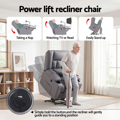 Artiss Power Lift Recliner Chair with Massage and Heat for Elderly, Electric Sofa Reclining Chair with USB RECLINER-A23-PU-GY-AB