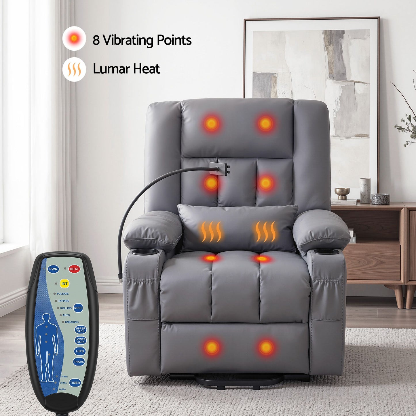 Artiss Power Lift Recliner Chair with Massage and Heat for Elderly, Electric Sofa Reclining Chair with USB RECLINER-A23-PU-GY-AB