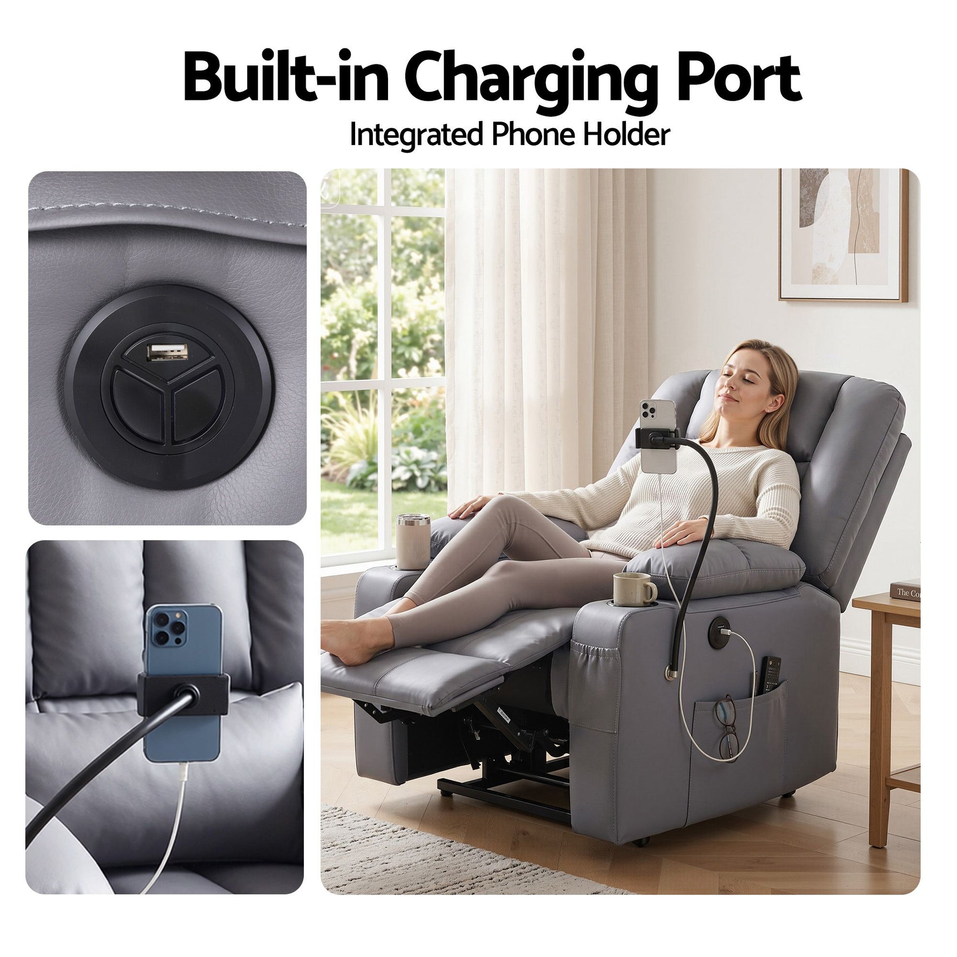 Artiss Power Lift Recliner Chair with Massage and Heat for Elderly, Electric Sofa Reclining Chair with USB RECLINER-A23-PU-GY-AB