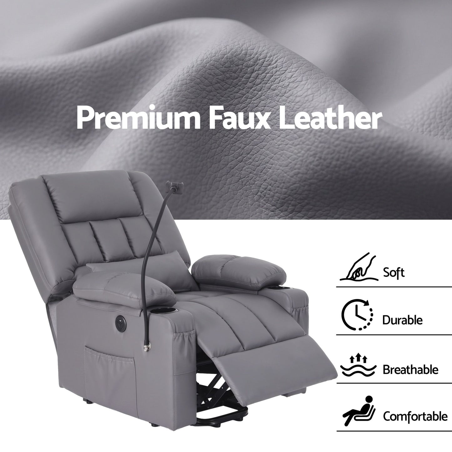 Artiss Power Lift Recliner Chair with Massage and Heat for Elderly, Electric Sofa Reclining Chair with USB RECLINER-A23-PU-GY-AB