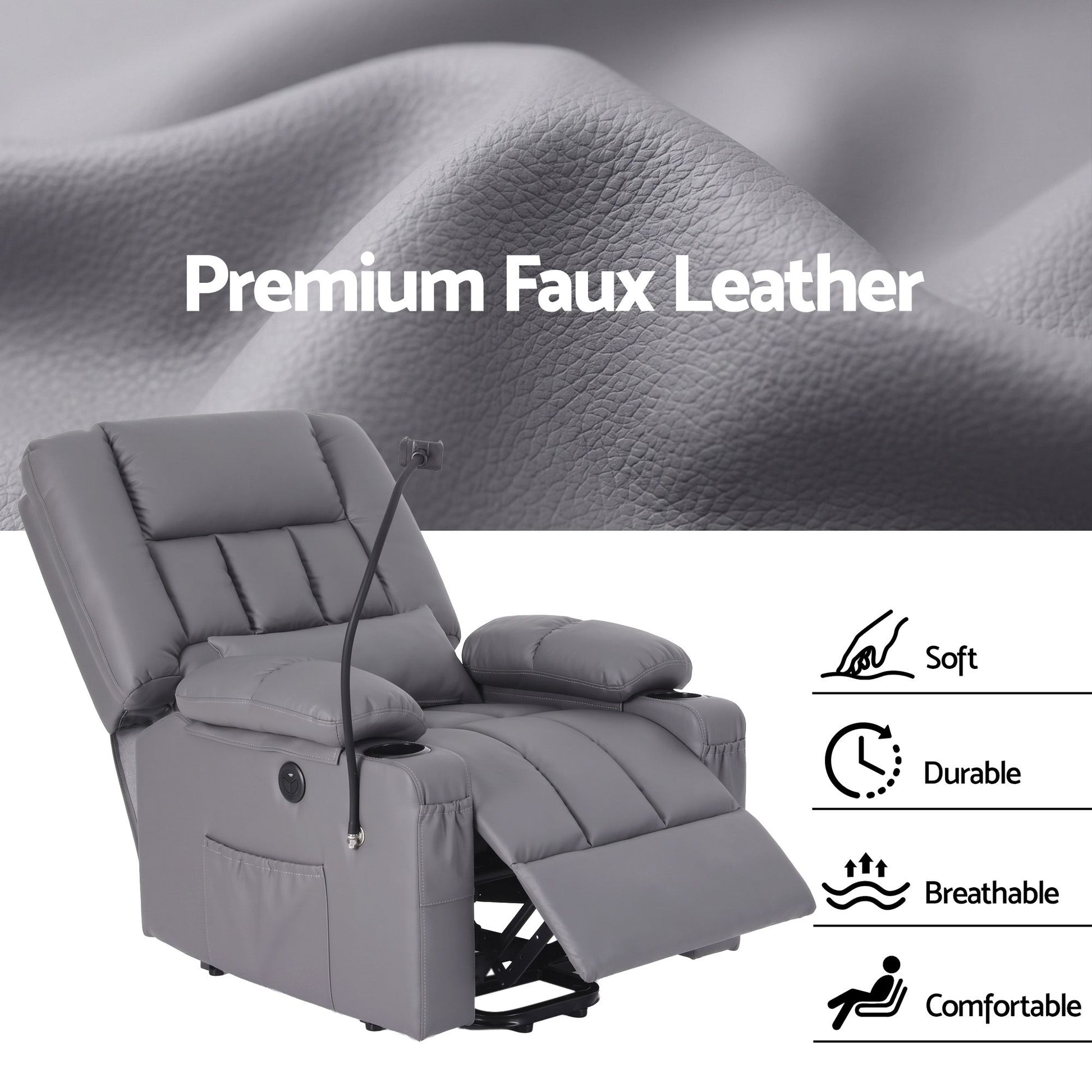 Artiss Power Lift Recliner Chair with Massage and Heat for Elderly, Electric Sofa Reclining Chair with USB RECLINER-A23-PU-GY-AB