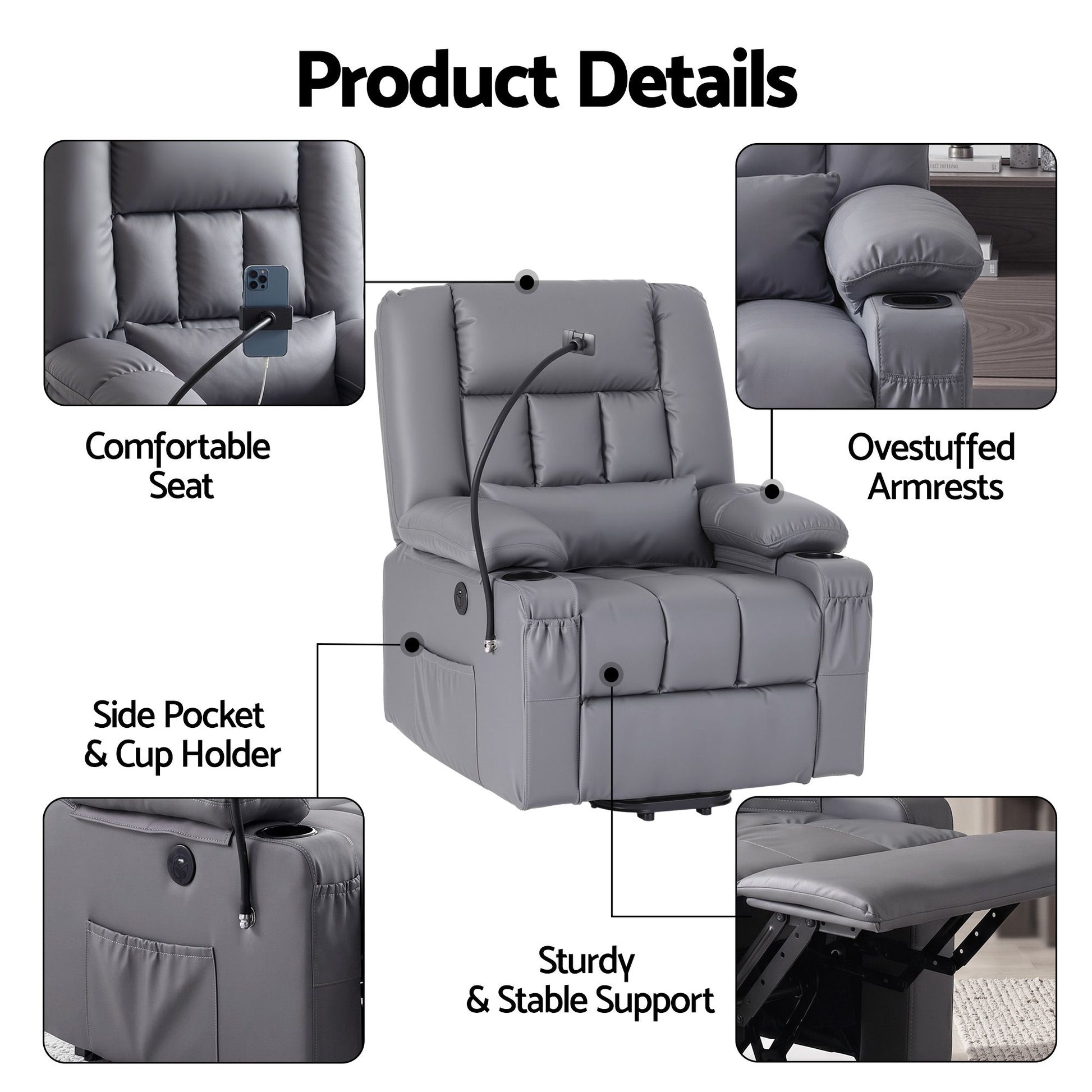 Artiss Power Lift Recliner Chair with Massage and Heat for Elderly, Electric Sofa Reclining Chair with USB RECLINER-A23-PU-GY-AB