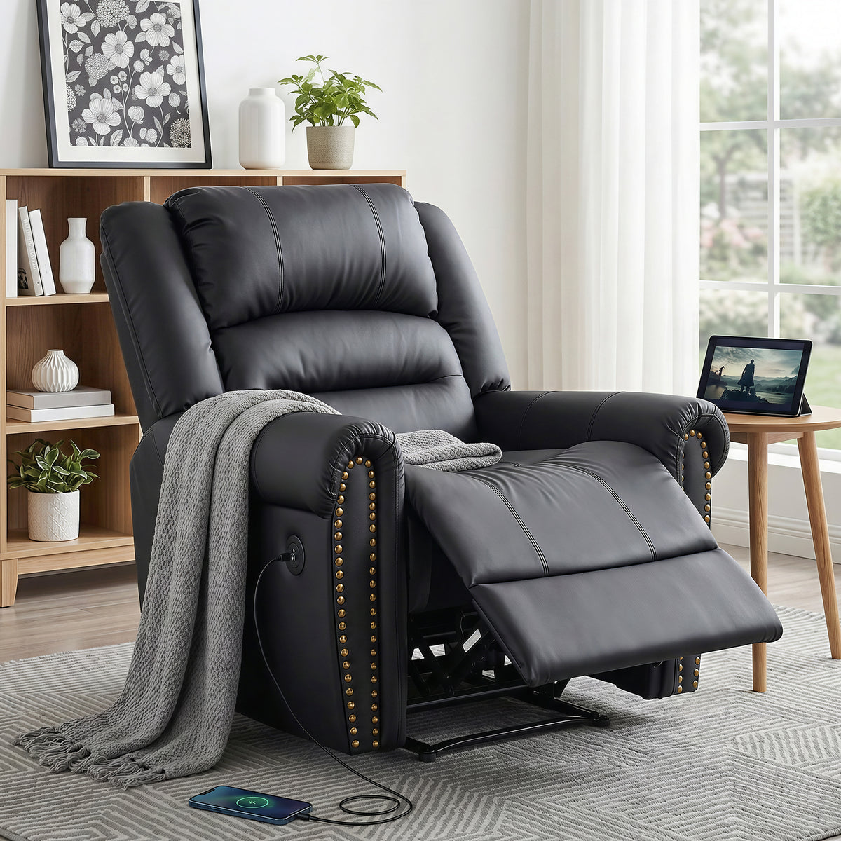 Artiss Leather Manual Recliner Chair with USB Charge Port, Overstuffed Armchair Sofa for Living Room and RECLINER-A24-PU-BK-AB