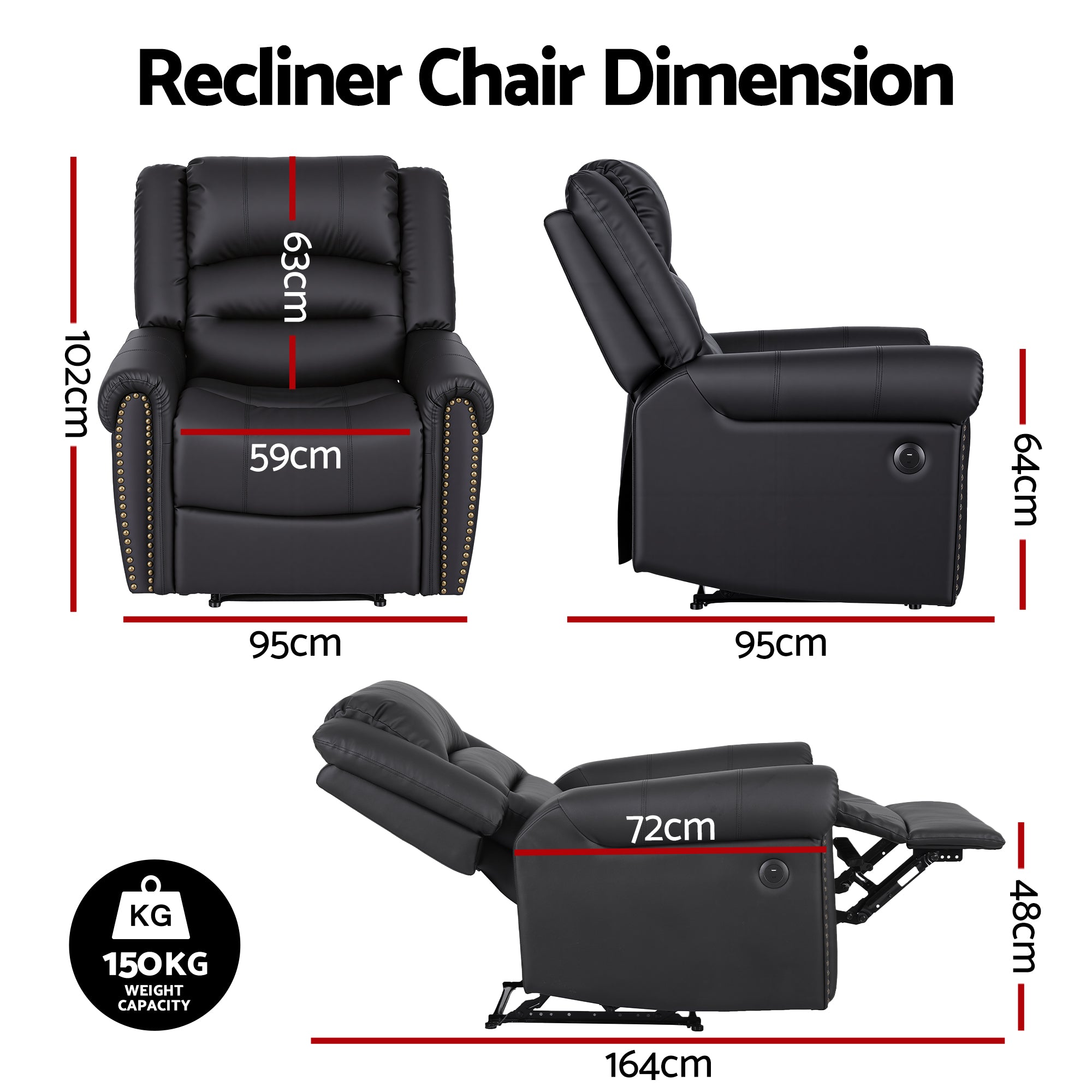 Artiss Leather Manual Recliner Chair with USB Charge Port, Overstuffed Armchair Sofa for Living Room and RECLINER-A24-PU-BK-AB