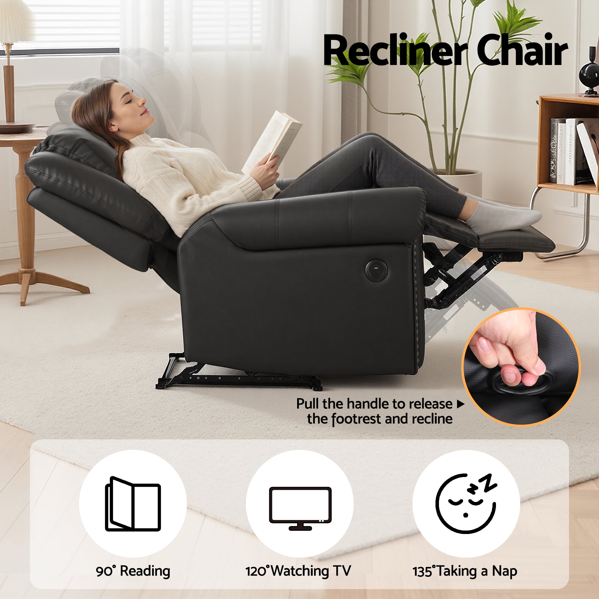 Artiss Leather Manual Recliner Chair with USB Charge Port, Overstuffed Armchair Sofa for Living Room and RECLINER-A24-PU-BK-AB