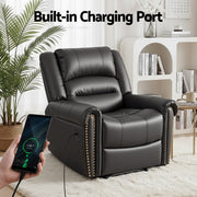 Artiss Leather Manual Recliner Chair with USB Charge Port, Overstuffed Armchair Sofa for Living Room and RECLINER-A24-PU-BK-AB