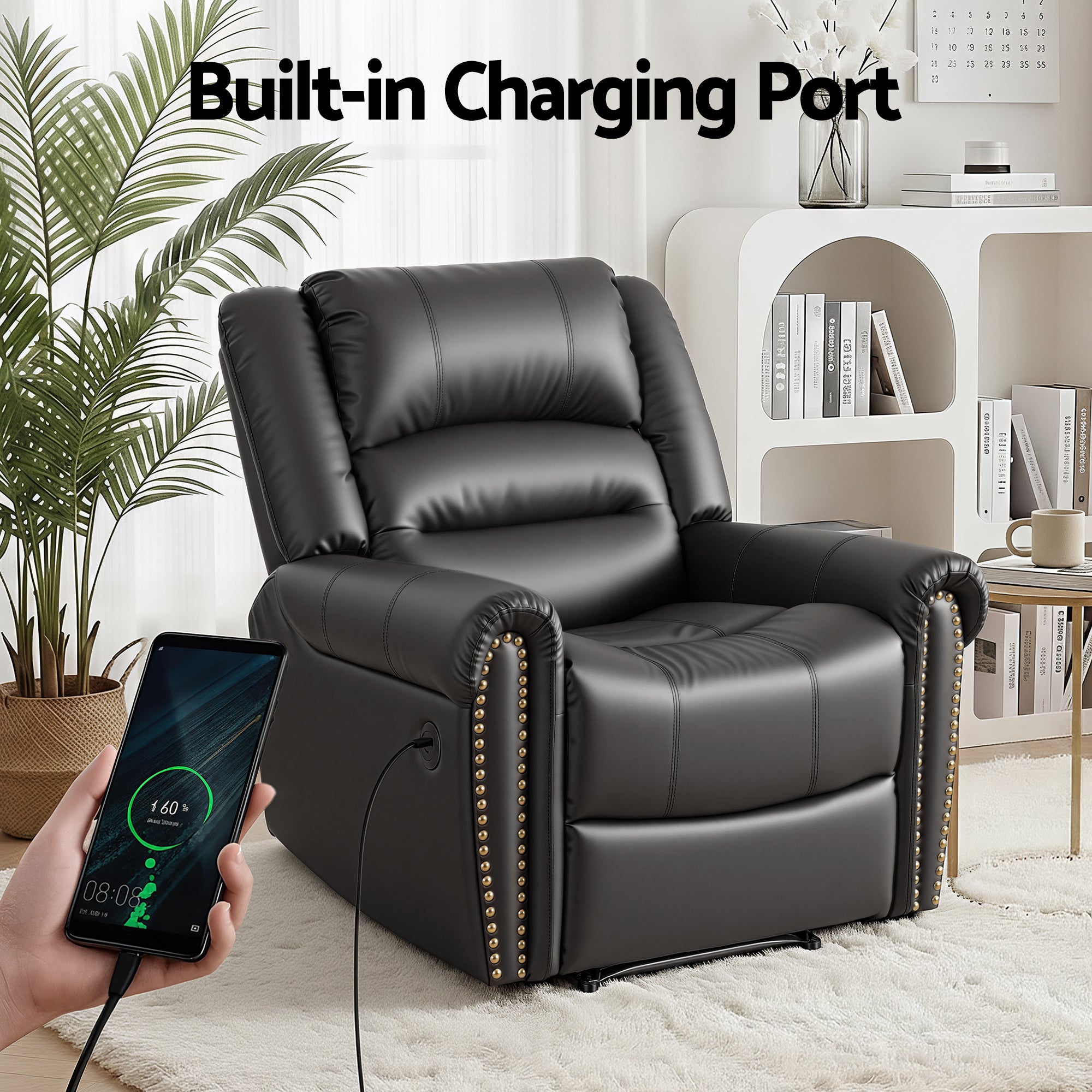 Artiss Leather Manual Recliner Chair with USB Charge Port, Overstuffed Armchair Sofa for Living Room and RECLINER-A24-PU-BK-AB