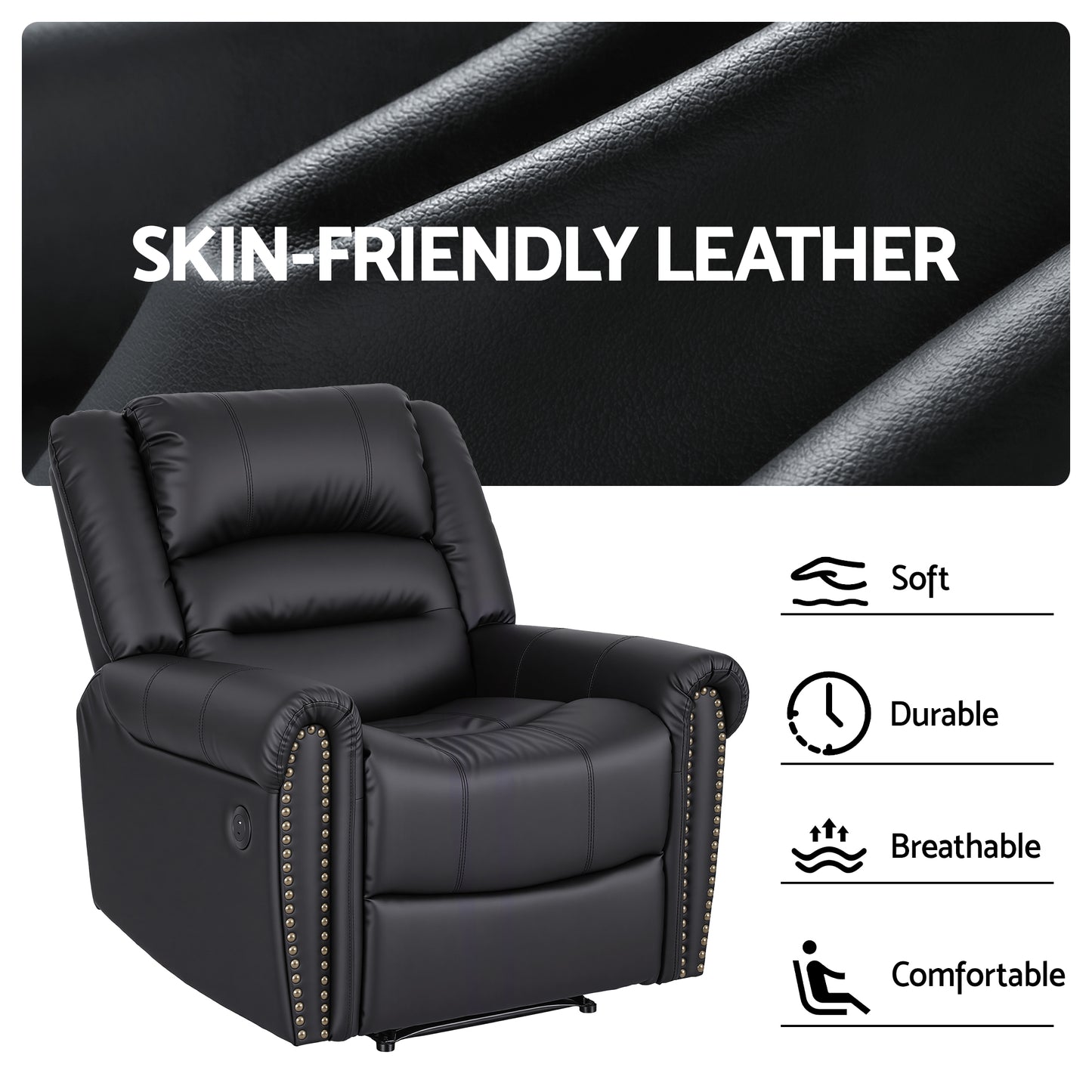 Artiss Leather Manual Recliner Chair with USB Charge Port, Overstuffed Armchair Sofa for Living Room and RECLINER-A24-PU-BK-AB