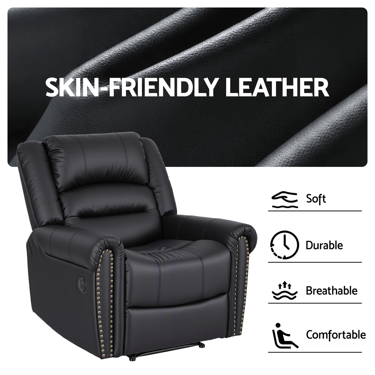 Artiss Leather Manual Recliner Chair with USB Charge Port, Overstuffed Armchair Sofa for Living Room and RECLINER-A24-PU-BK-AB