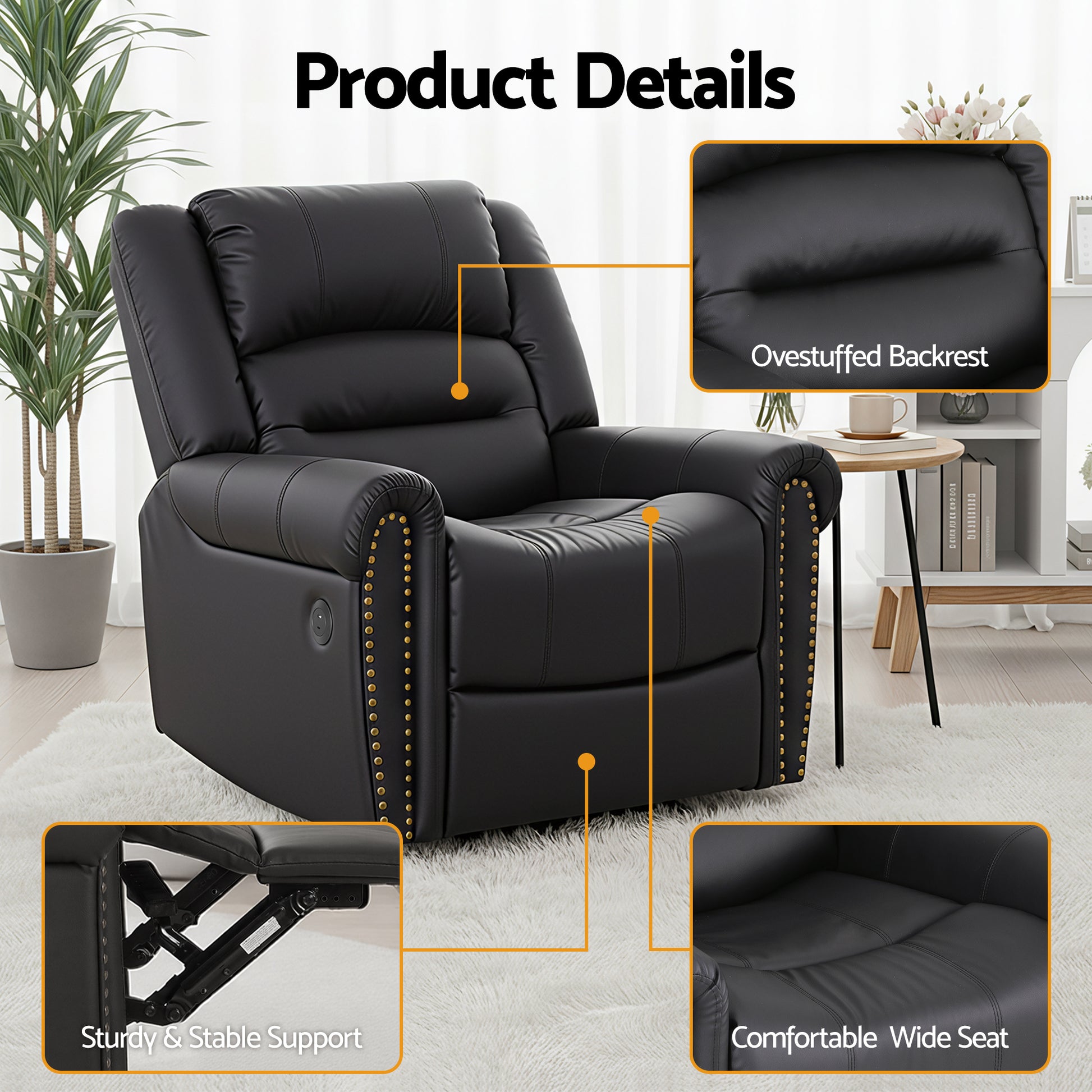 Artiss Leather Manual Recliner Chair with USB Charge Port, Overstuffed Armchair Sofa for Living Room and RECLINER-A24-PU-BK-AB