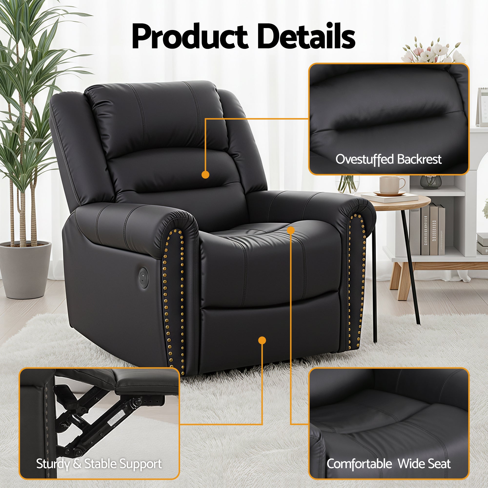 Artiss Leather Manual Recliner Chair with USB Charge Port, Overstuffed Armchair Sofa for Living Room and RECLINER-A24-PU-BK-AB
