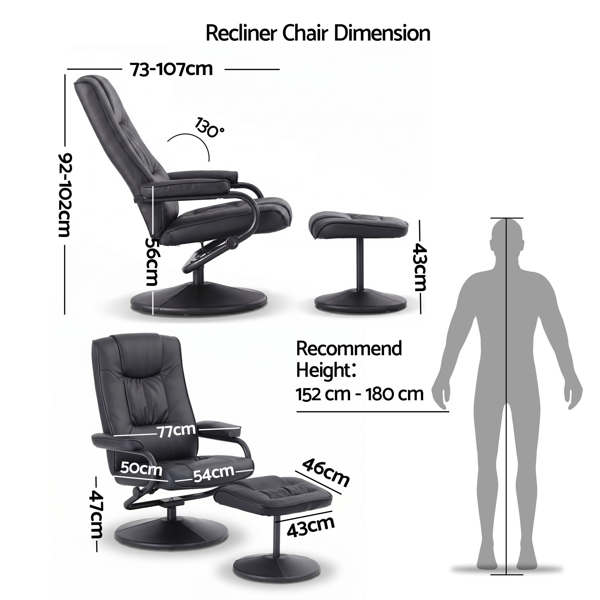 Artiss Recliner with Ottoman 360-Degree Swivel Recliner Chair and Ottoman Set PU Leather Black RECLINER-A26-PU-BK