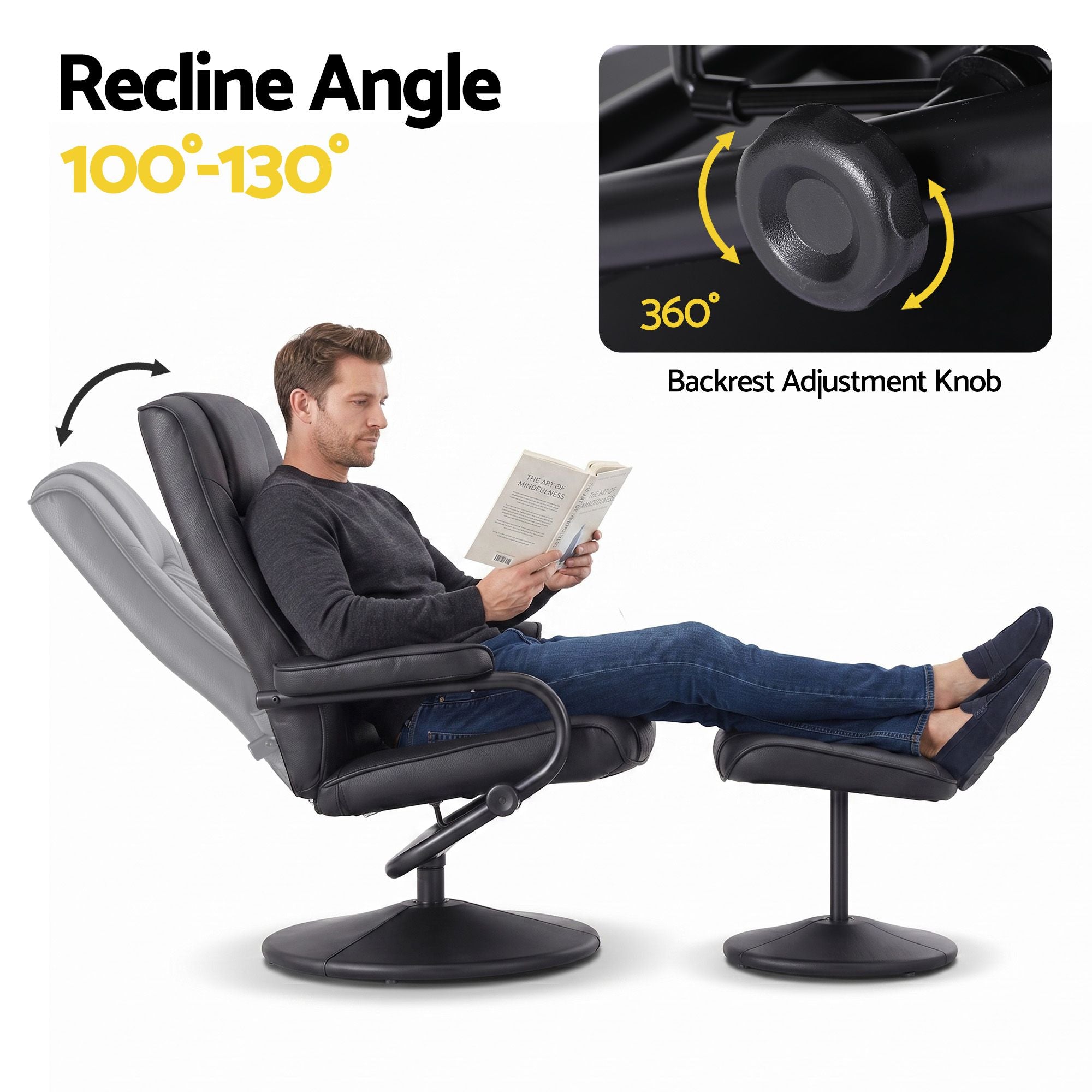Artiss Recliner with Ottoman 360-Degree Swivel Recliner Chair and Ottoman Set PU Leather Black RECLINER-A26-PU-BK