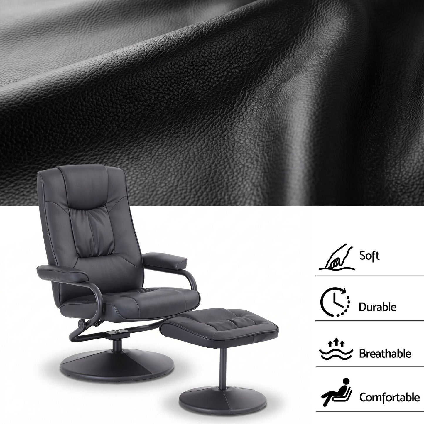 Artiss Recliner with Ottoman 360-Degree Swivel Recliner Chair and Ottoman Set PU Leather Black RECLINER-A26-PU-BK