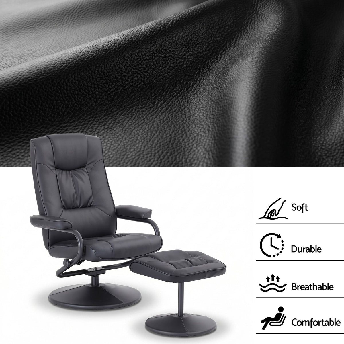 Artiss Recliner with Ottoman 360-Degree Swivel Recliner Chair and Ottoman Set PU Leather Black RECLINER-A26-PU-BK