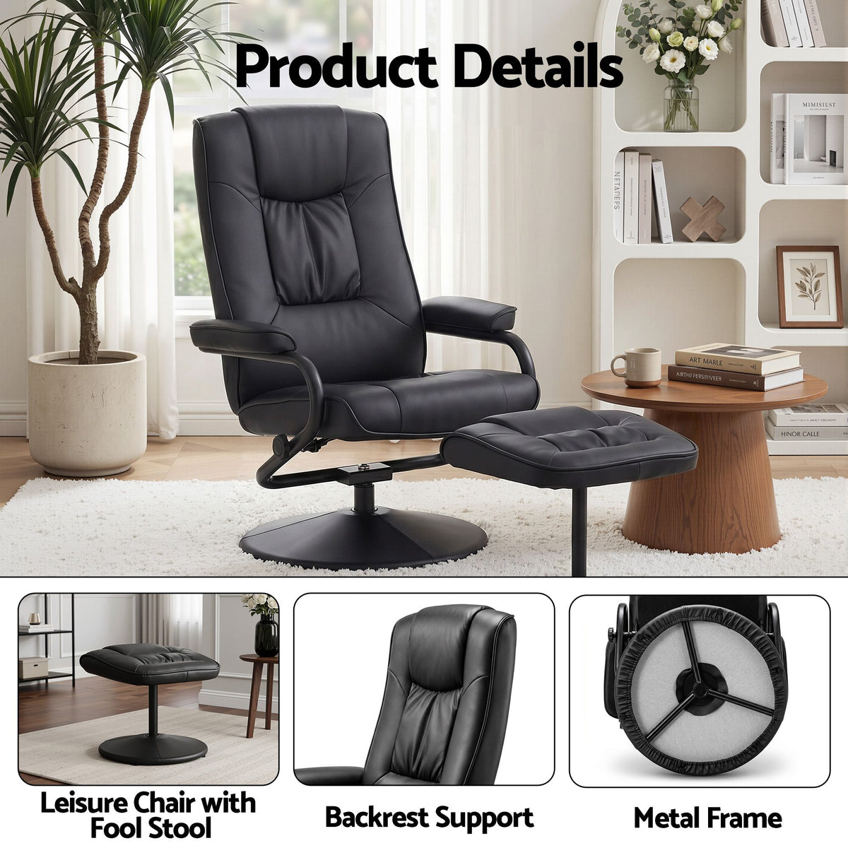 Artiss Recliner with Ottoman 360-Degree Swivel Recliner Chair and Ottoman Set PU Leather Black RECLINER-A26-PU-BK
