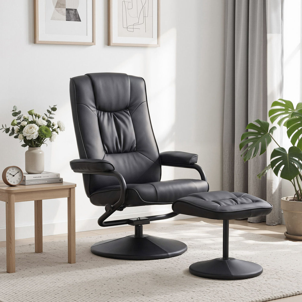 Artiss Recliner with Ottoman 360-Degree Swivel Recliner Chair and Ottoman Set PU Leather Black RECLINER-A26-PU-BK