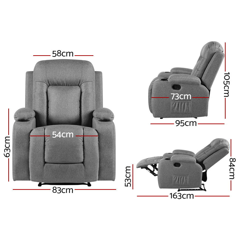 Artiss Recliner Chair Electric Massage Chair Fabric Lounge Sofa Heated Grey RECLINER-A3-LIN-GY
