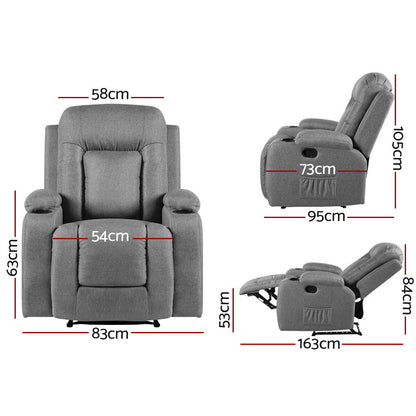 Artiss Recliner Chair Electric Massage Chair Fabric Lounge Sofa Heated Grey RECLINER-A3-LIN-GY