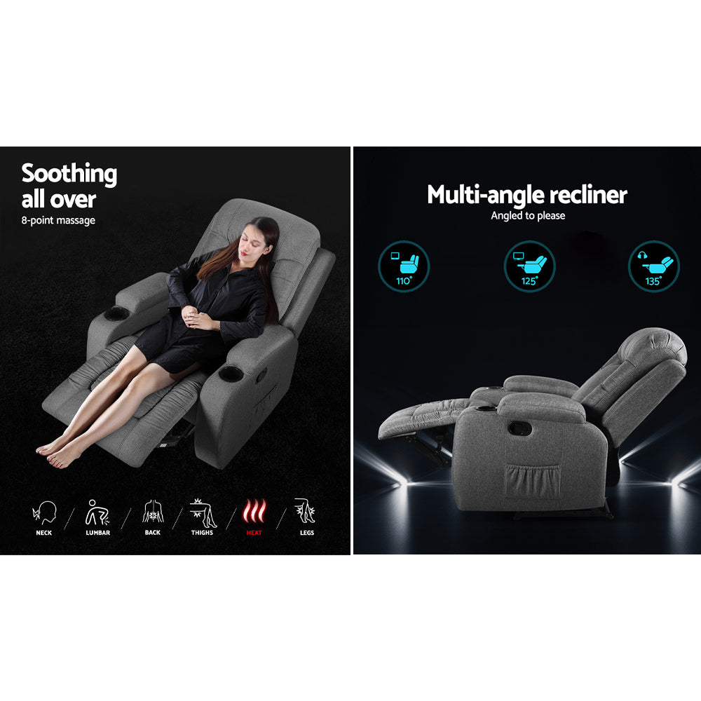 Artiss Recliner Chair Electric Massage Chair Fabric Lounge Sofa Heated Grey RECLINER-A3-LIN-GY