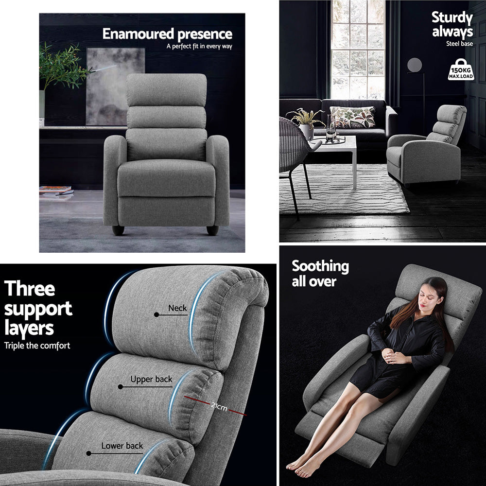 Artiss Recliner Armchair Grey Fabric Bolivia RECLINER-A4-LIN-GY