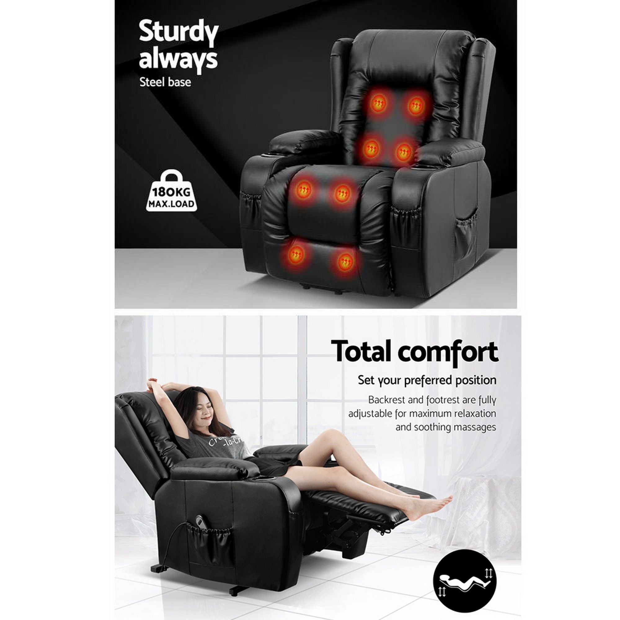 Artiss Recliner Chair Lift Assist Heated Massage Chair Leather Rukwa RECLINER-A5-BK-AB