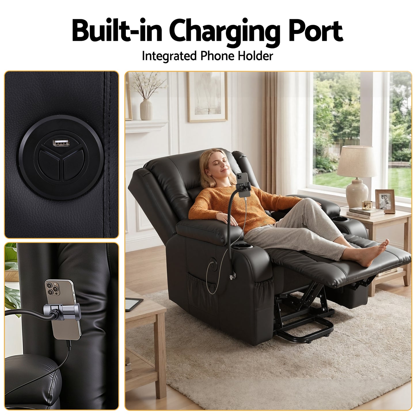 Artiss Power Lift Recliner Chair with Massage and Heat for Elderly, Electric Sofa Reclining Chair with USB RECLINER-A5-UB-PU-BK-AB