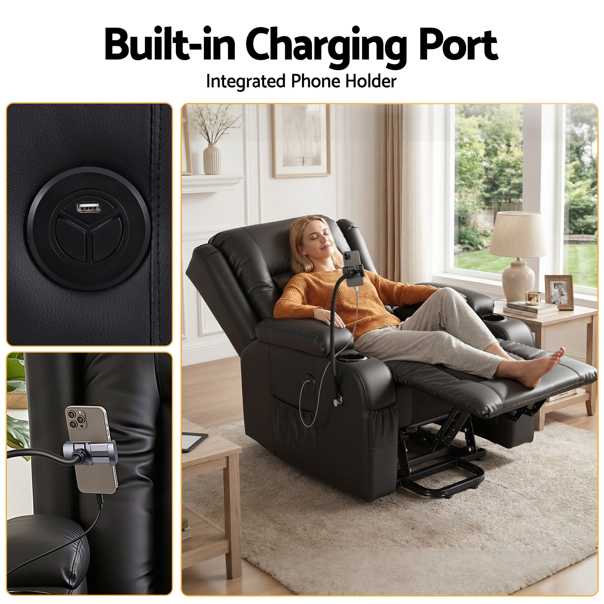 Artiss Power Lift Recliner Chair with Massage and Heat for Elderly, Electric Sofa Reclining Chair with USB RECLINER-A5-UB-PU-BK-AB