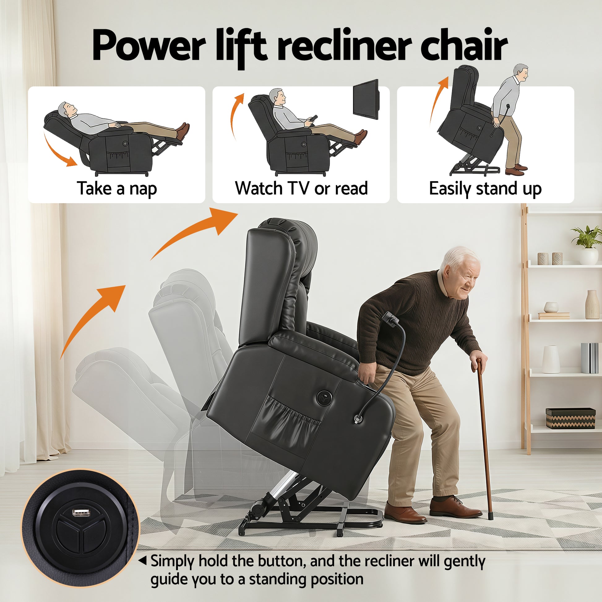 Artiss Power Lift Recliner Chair with Massage and Heat for Elderly, Electric Sofa Reclining Chair with USB RECLINER-A5-UB-PU-BK-AB