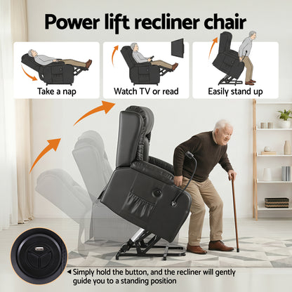 Artiss Power Lift Recliner Chair with Massage and Heat for Elderly, Electric Sofa Reclining Chair with USB RECLINER-A5-UB-PU-BK-AB